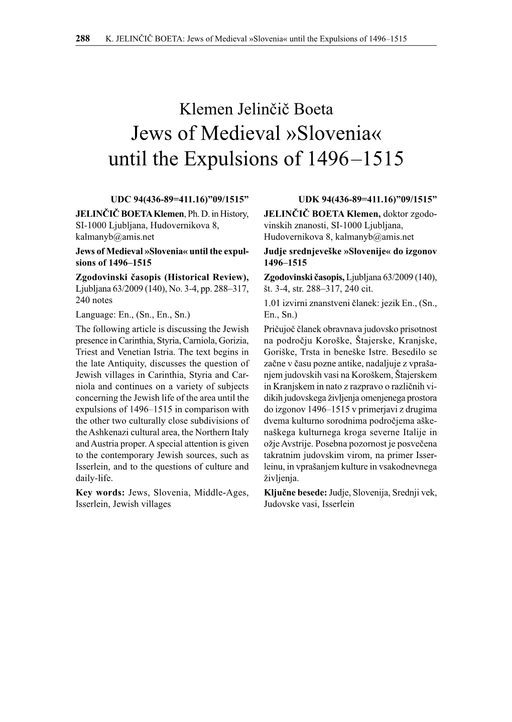 Jews of Medieval »Slovenia« Until the Expulsions of 1496–1515