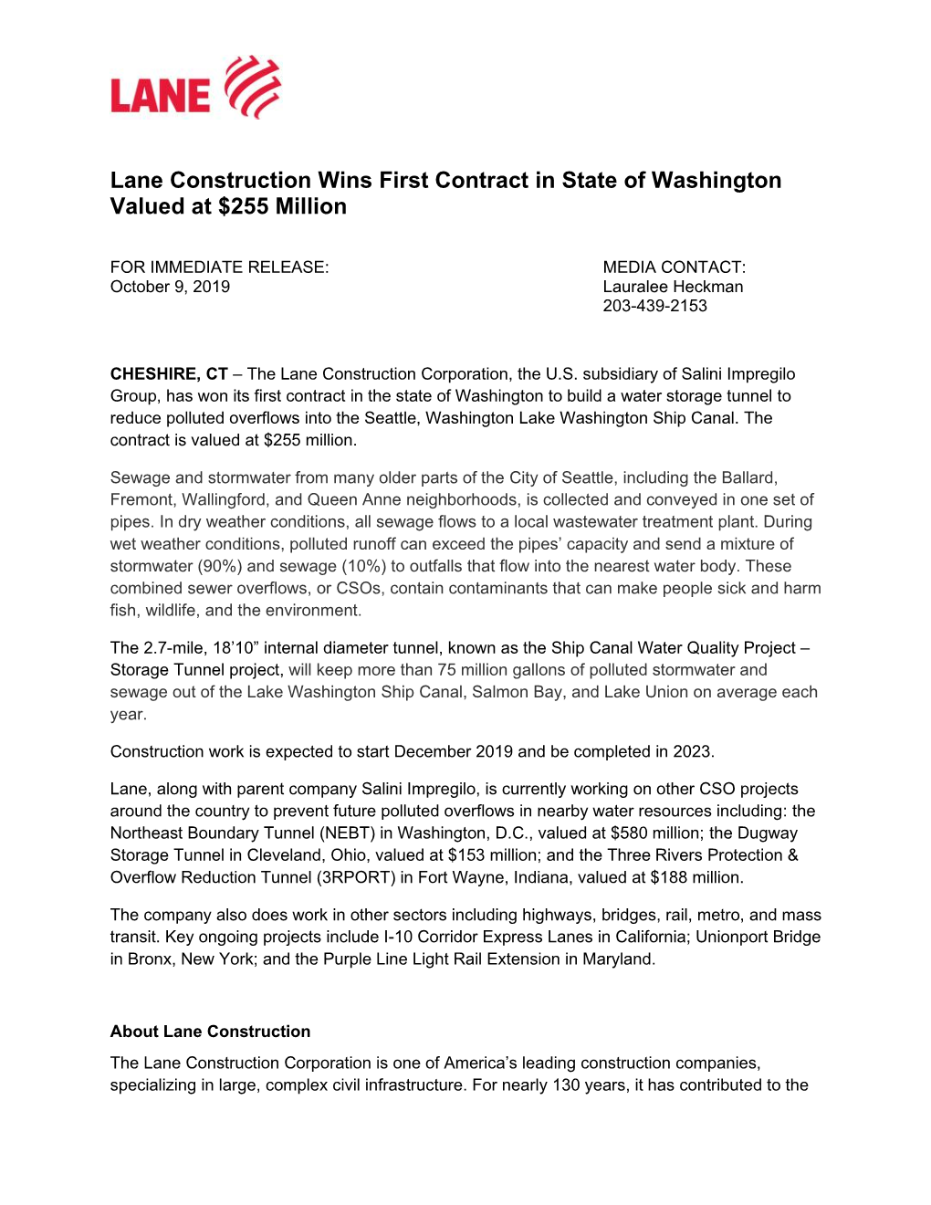 Lane Construction Wins First Contract in State of Washington Valued at $255 Million
