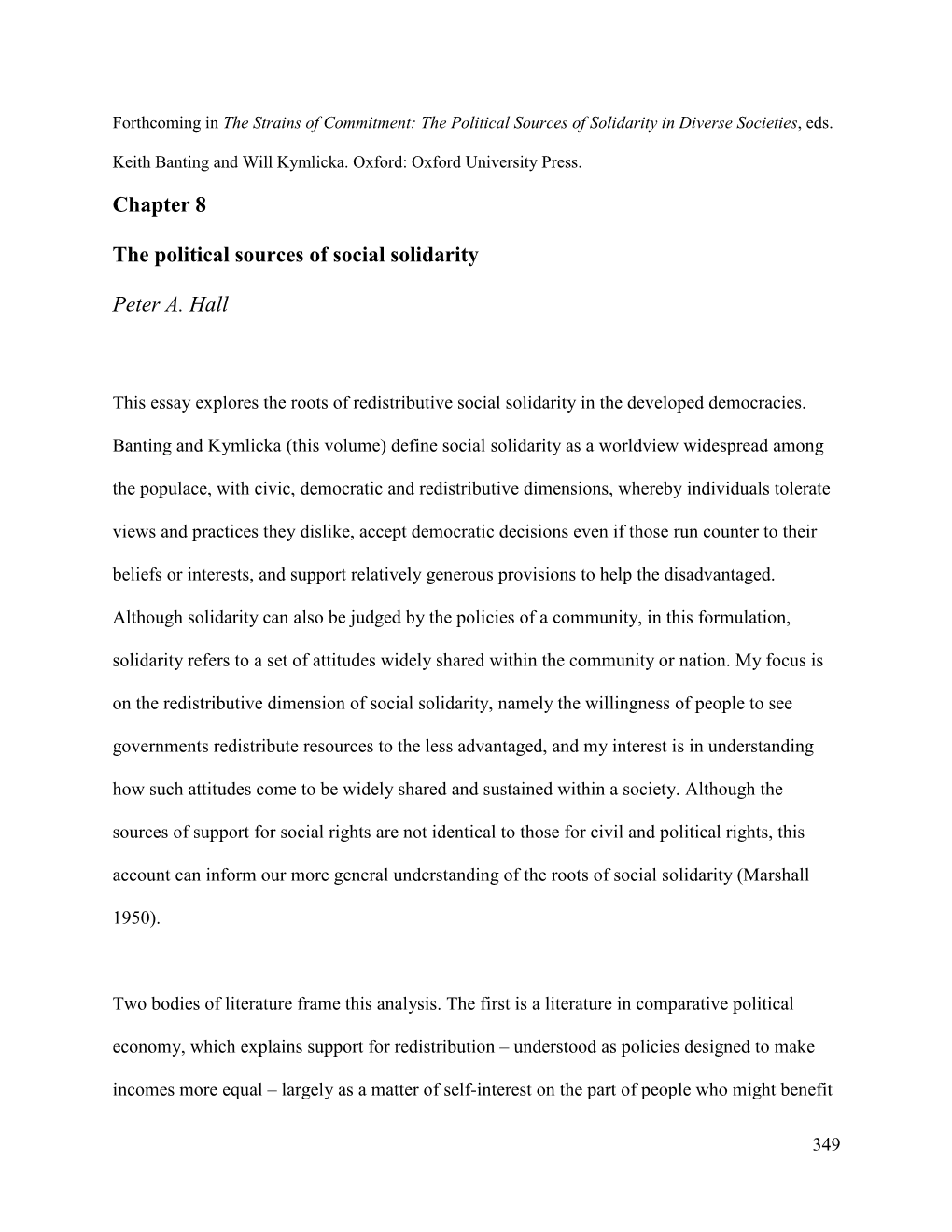 Chapter 8 the Political Sources of Social Solidarity Peter A. Hall