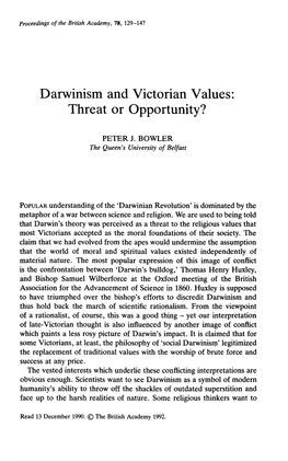 Darwinism and Victorian Values: Threat Or Opportunity?