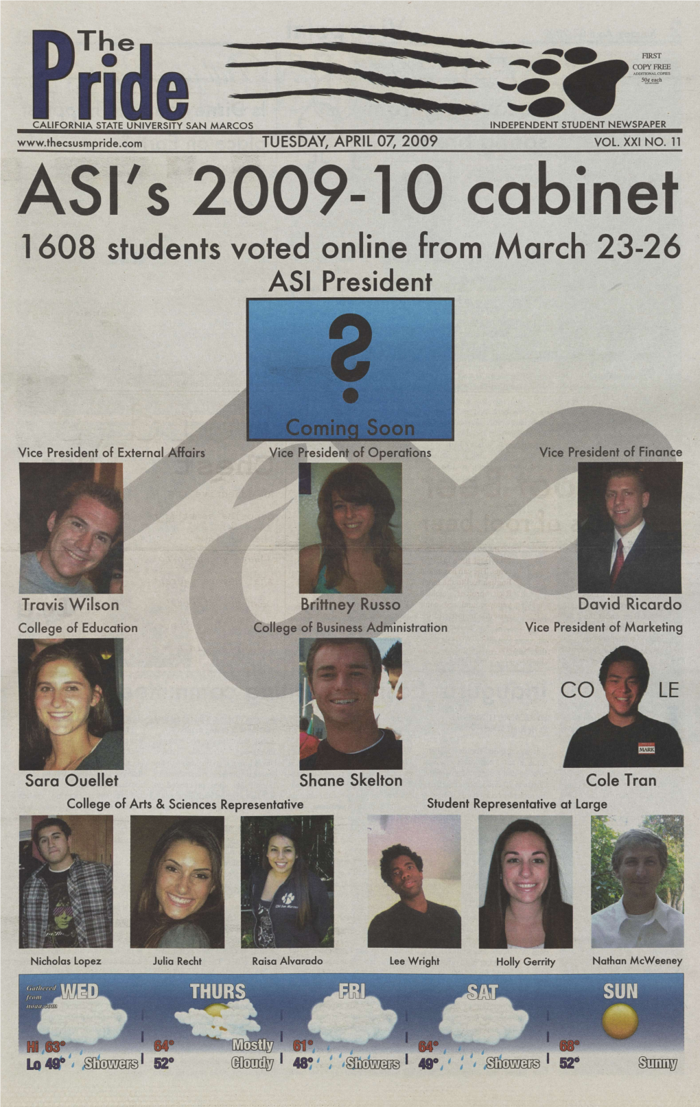 ASI's 2009-10 Cabinet 1608 Students Voted Online from March 23-26 ASI President