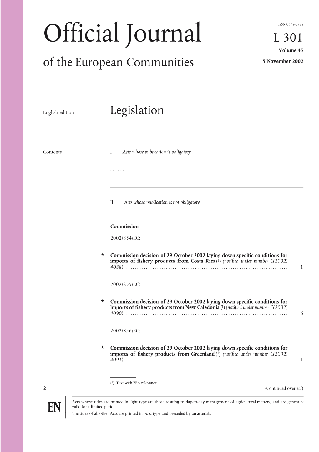 Official Journal L 301 Volume 45 of the European Communities 5 November 2002