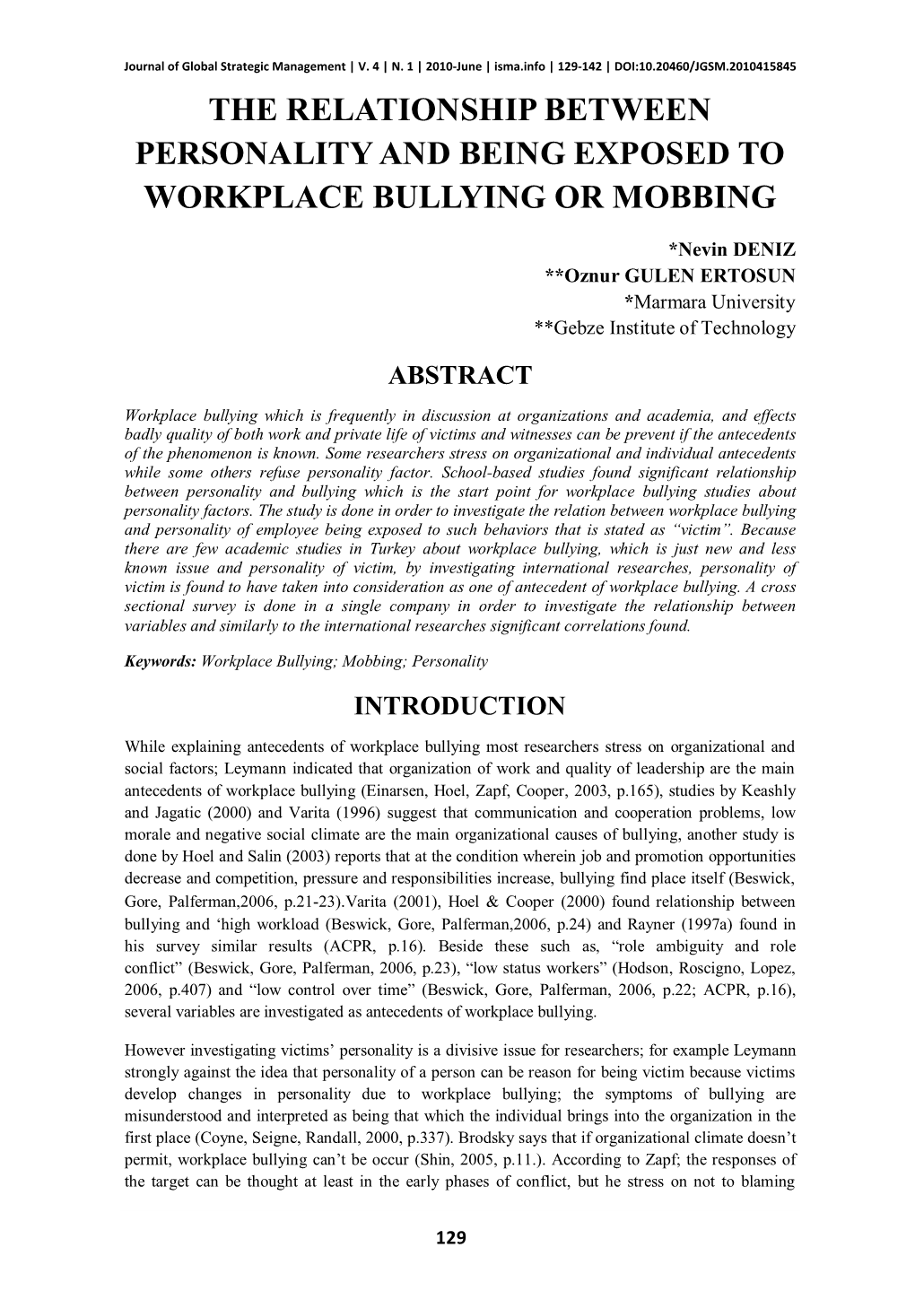 The Relationship Between Personality and Being Exposed to Workplace Bullying Or Mobbing