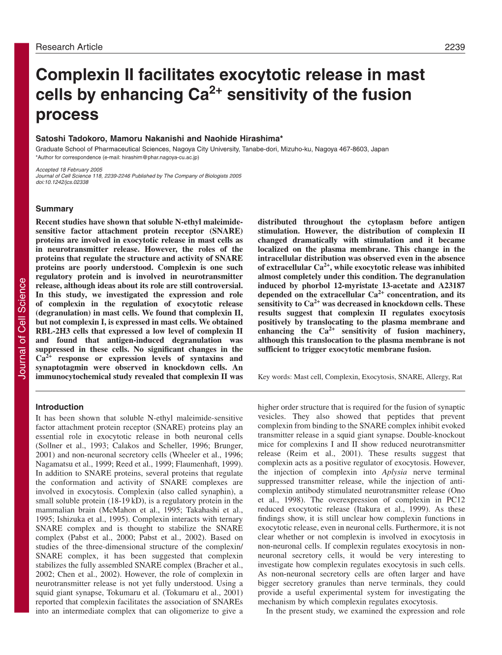 Complexin II Facilitates Exocytotic Release in Mast Cells by Enhancing Ca2+ Sensitivity of the Fusion Process