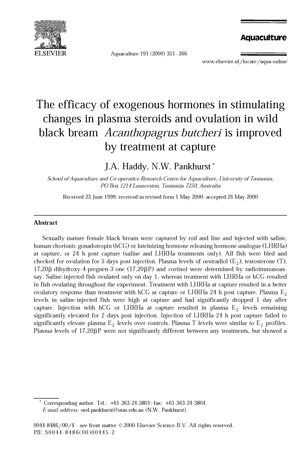 Black Bream Acanthopagrus Butcheri Is Improved by Treatment at Capture