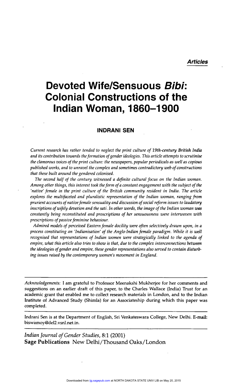 Devoted Wife/Sensuous Bibi: Colonial Constructions of the Indian Woman, 1860-1900