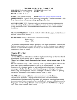 COURSE SYLLABUS – French IV Honors