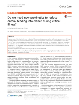 Do We Need New Prokinetics to Reduce Enteral Feeding Intolerance During Critical Illness? Arthur Raymond Hubert Van Zanten