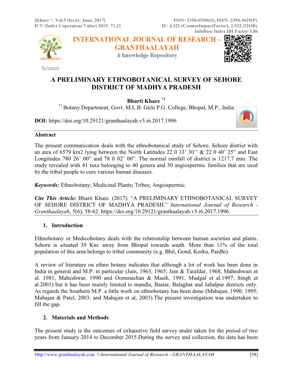 A Preliminary Ethnobotanical Survey of Sehore District of Madhya Pradesh