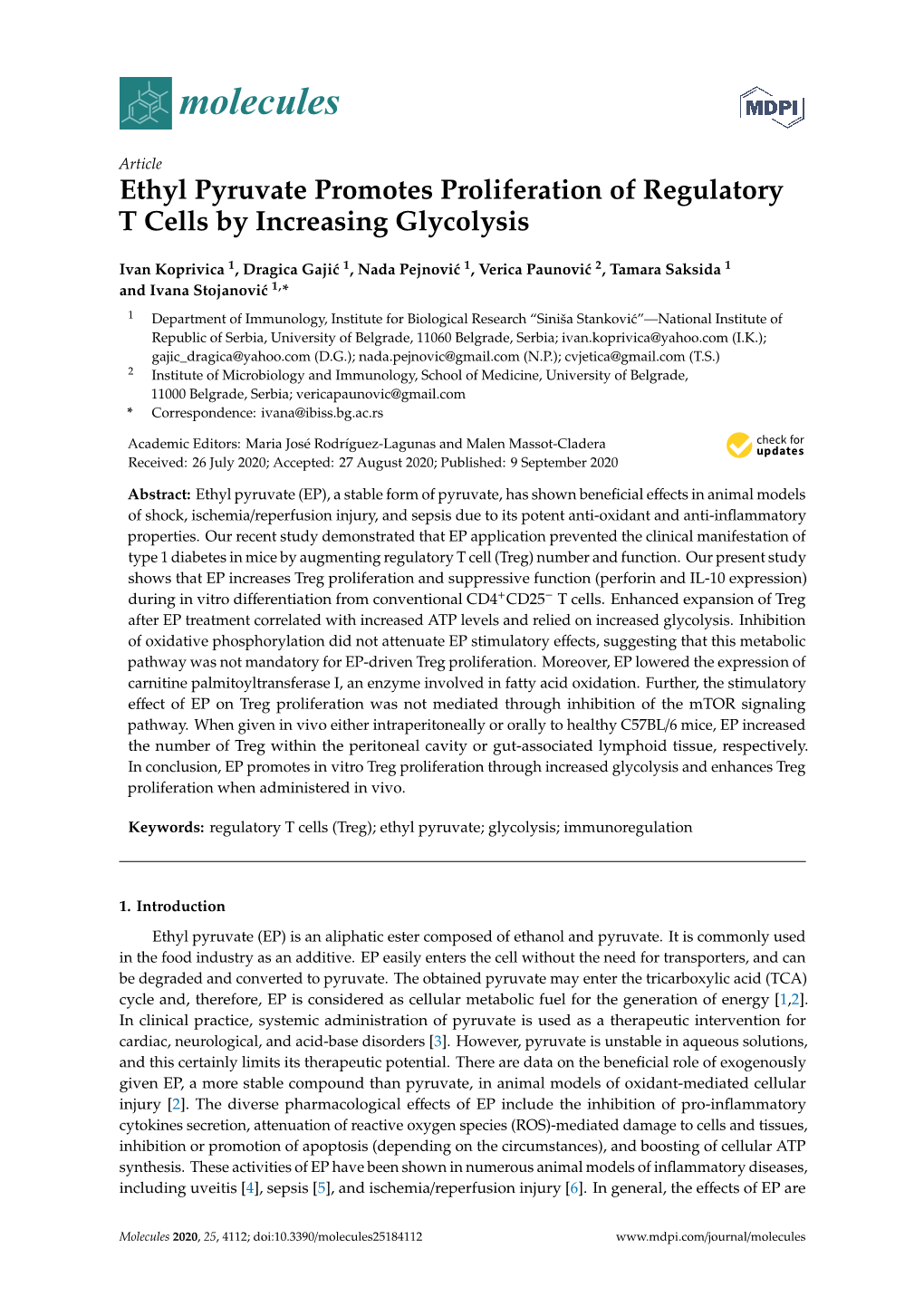 Ethyl Pyruvate Promotes Proliferation of Regulatory T Cells by Increasing Glycolysis