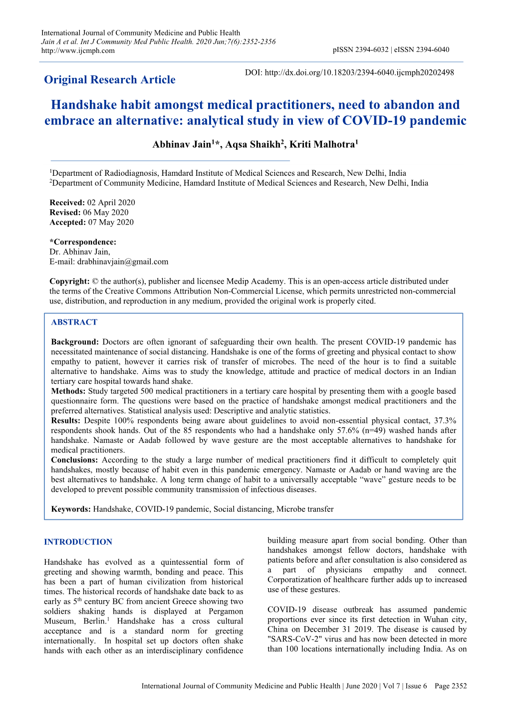 Handshake Habit Amongst Medical Practitioners, Need to Abandon and Embrace an Alternative: Analytical Study in View of COVID-19 Pandemic