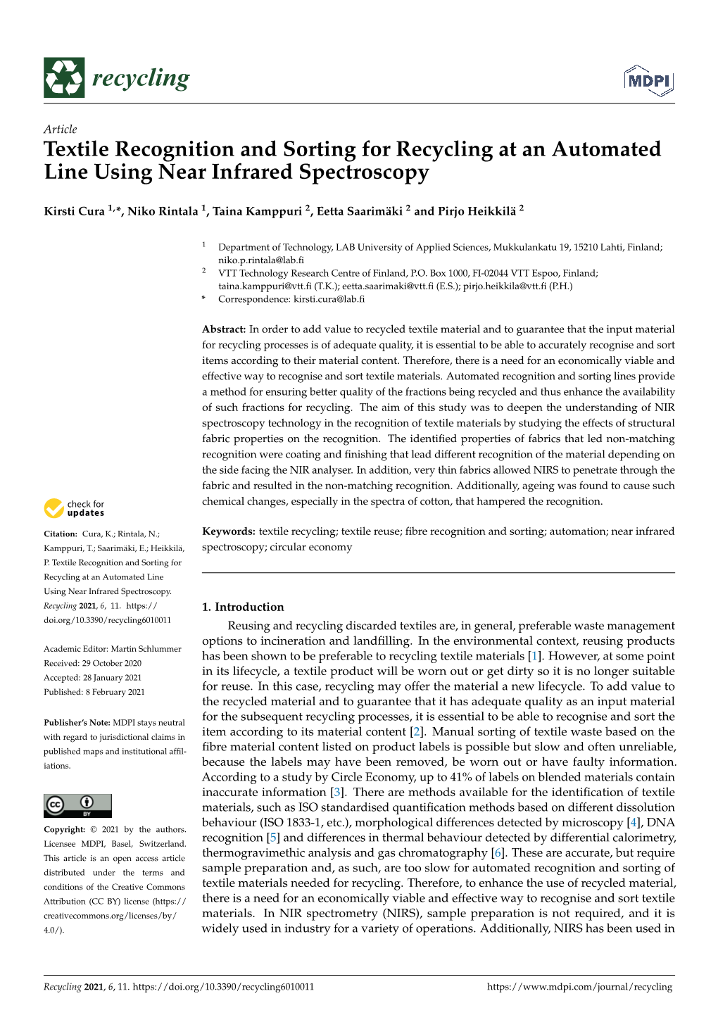 Textile Recognition and Sorting for Recycling at an Automated Line Using Near Infrared Spectroscopy