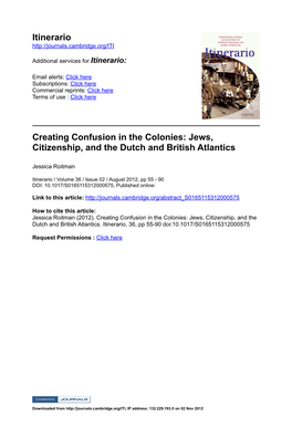 Itinerario Creating Confusion in the Colonies: Jews, Citizenship, and the Dutch and British Atlantics