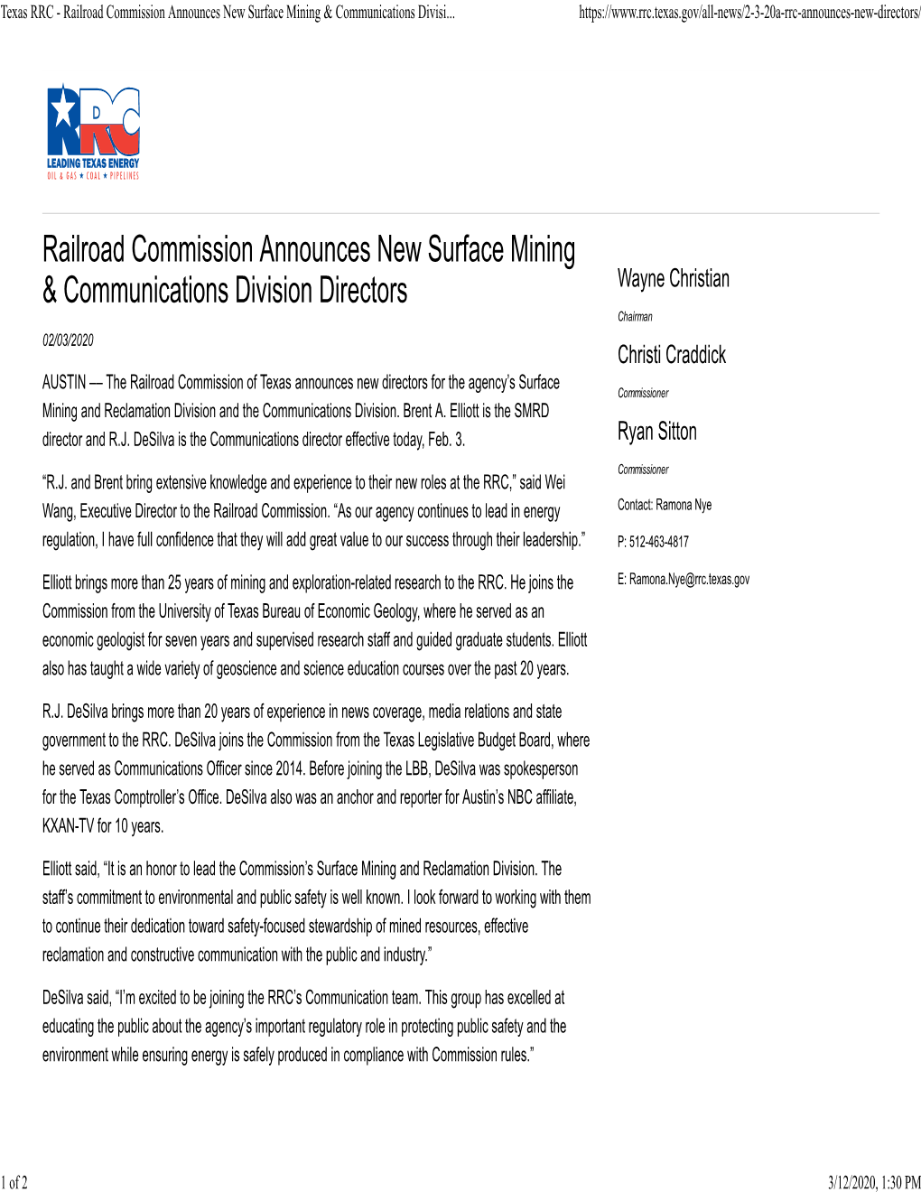 Texas RRC - Railroad Commission Announces New Surface Mining & Communications Divisi