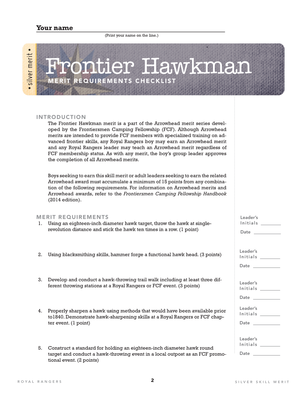 Frontier Hawkman MERIT REQUIREMENTS CHECKLIST Silver Merit Silver