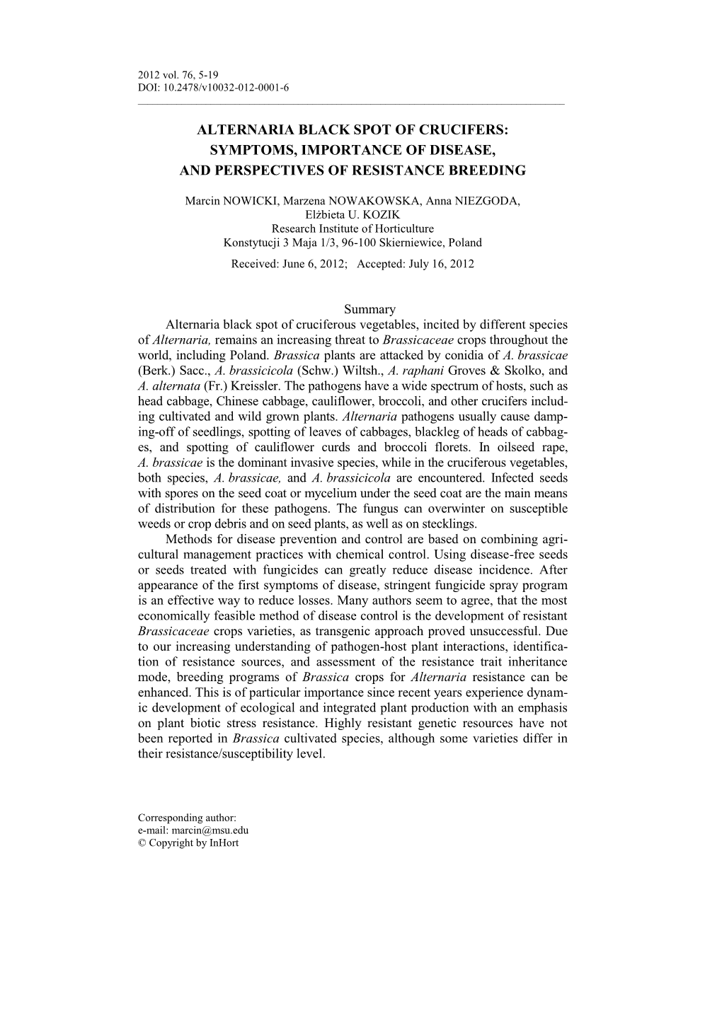 Alternaria Black Spot of Crucifers: Symptoms, Importance of Disease, and Perspectives of Resistance Breeding