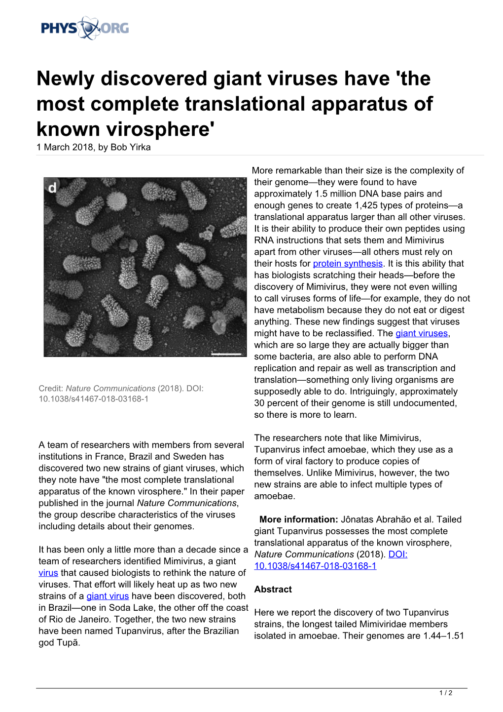 Newly Discovered Giant Viruses Have 'The Most Complete Translational Apparatus of Known Virosphere' 1 March 2018, by Bob Yirka