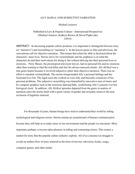 ALLY Mcbeal and SUBJECTIVE NARRATION Michael Asimow Published in Law & Popular Culture—International Perspectives (Michae