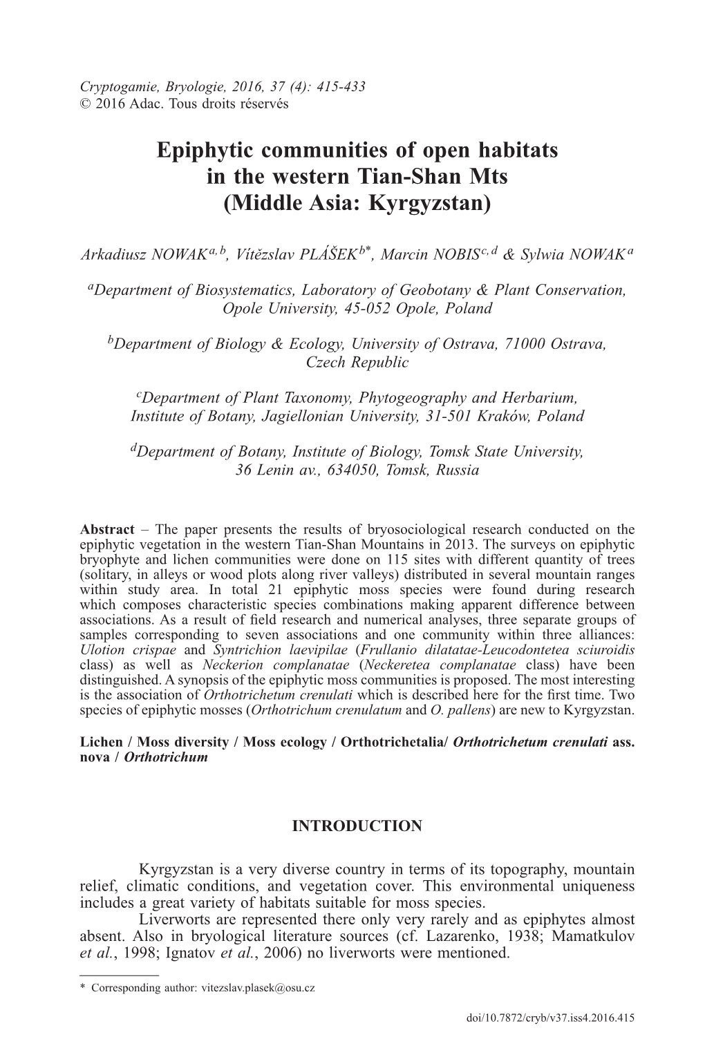 Epiphytic Communities of Open Habitats in the Western Tian-Shan Mts (Middle Asia: Kyrgyzstan)