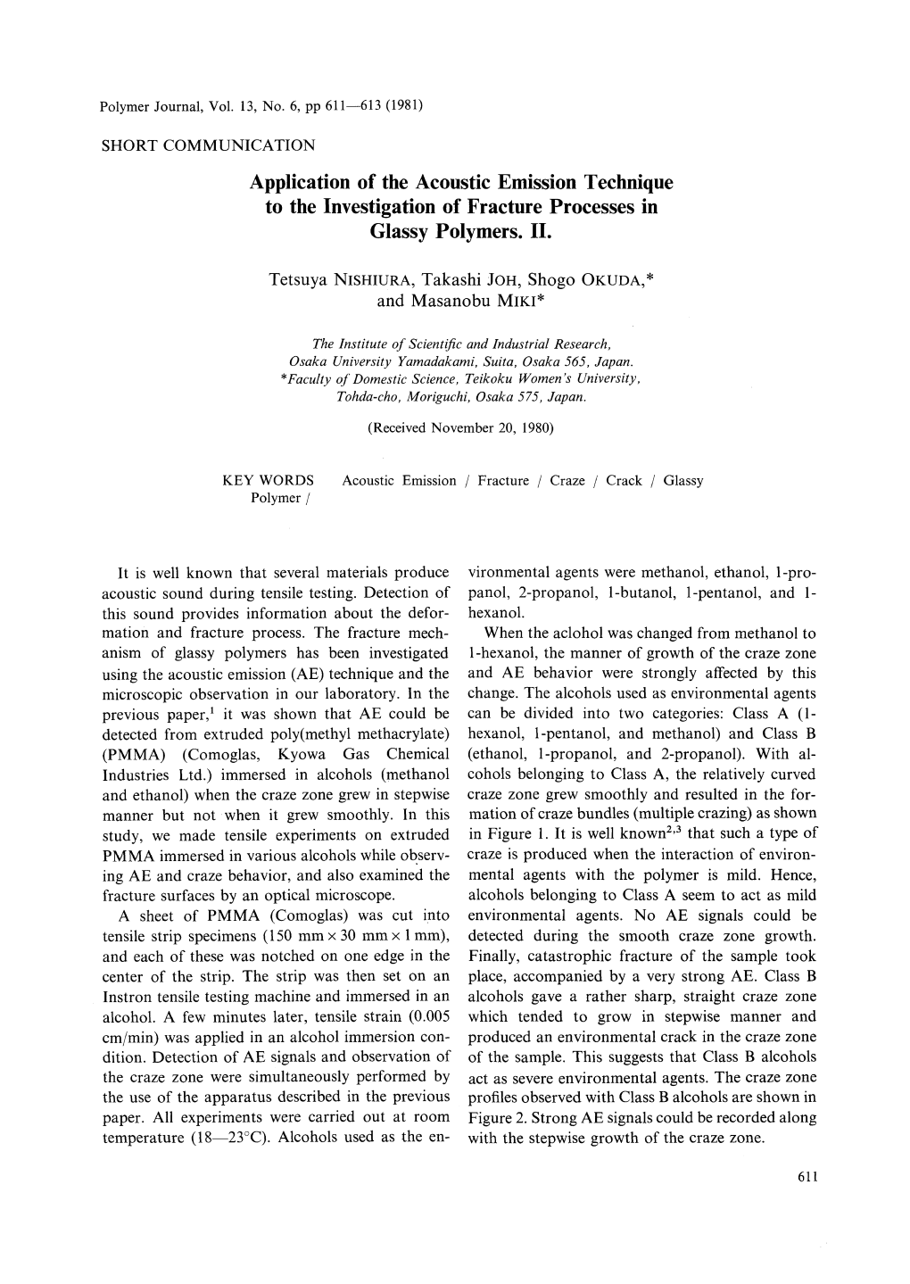 Application of the Acoustic Emission Technique to the Investigation of Fracture Processes in Glassy Polymers