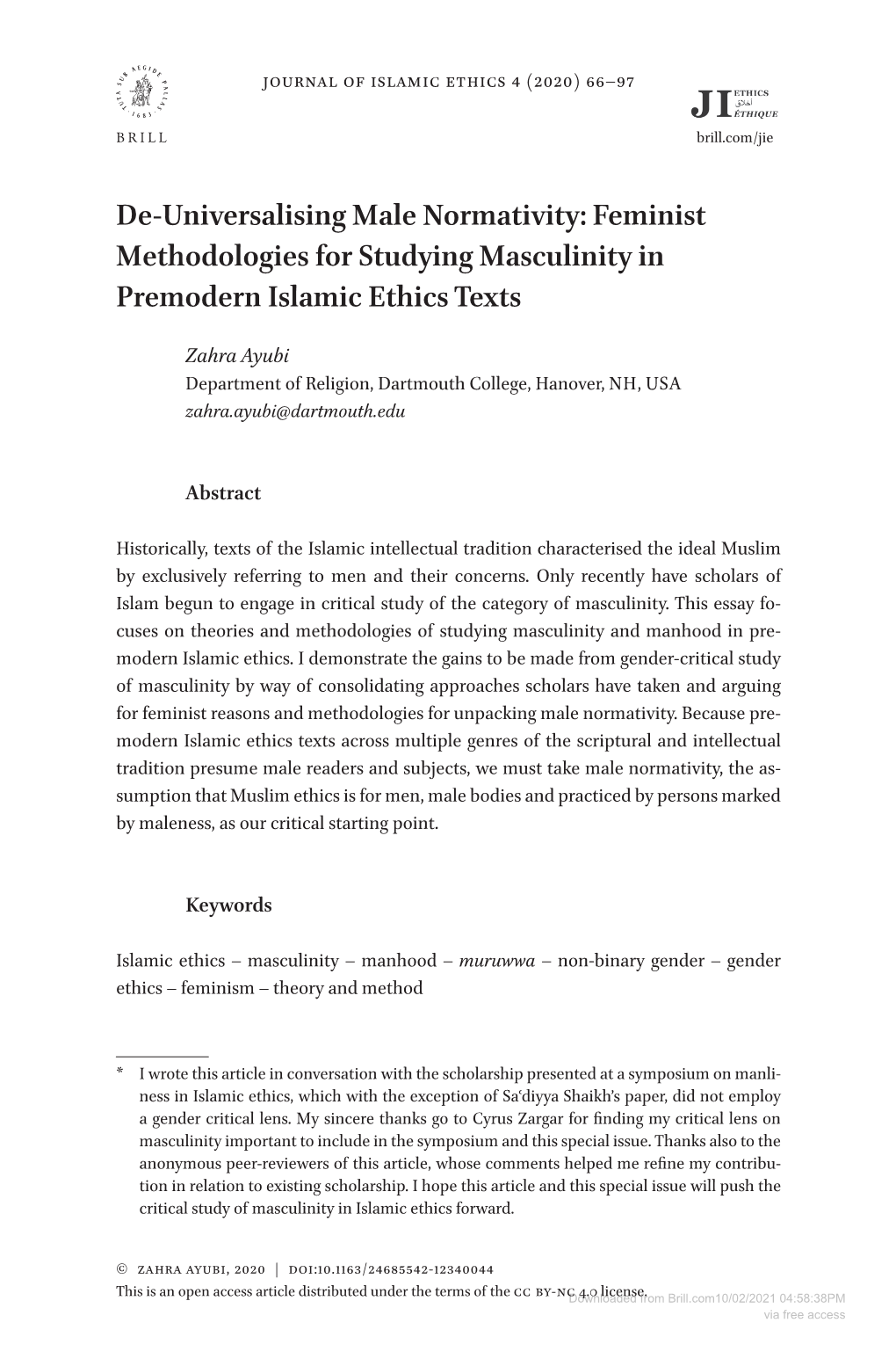 Feminist Methodologies for Studying Masculinity in Premodern Islamic Ethics Texts