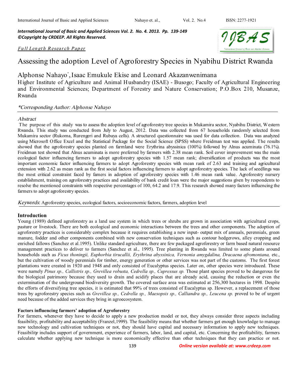 Assessing the Adoption Level of Agroforestry Species in Nyabihu District Rwanda