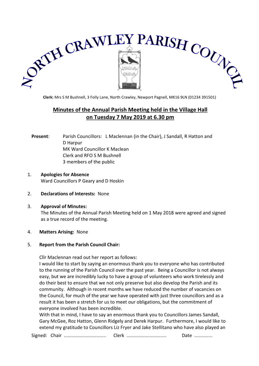 Minutes of the Annual Parish Meeting Held in the Village Hall on Tuesday 7 May 2019 at 6.30 Pm