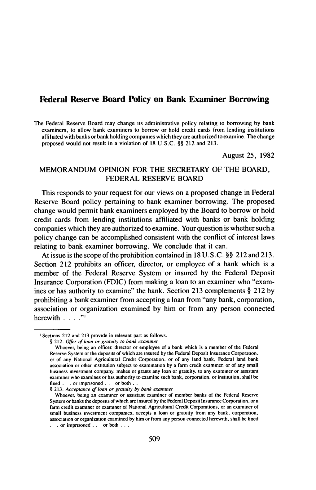 Federal Reserve Board Policy on Bank Examiner Borrowing