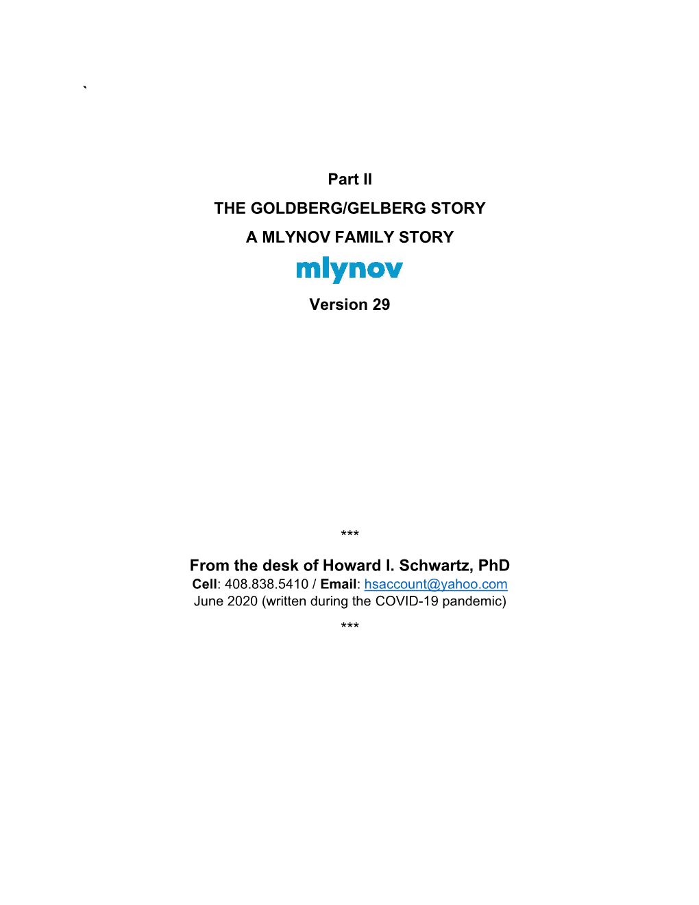 Part II the GOLDBERG/GELBERG STORY a MLYNOV FAMILY STORY