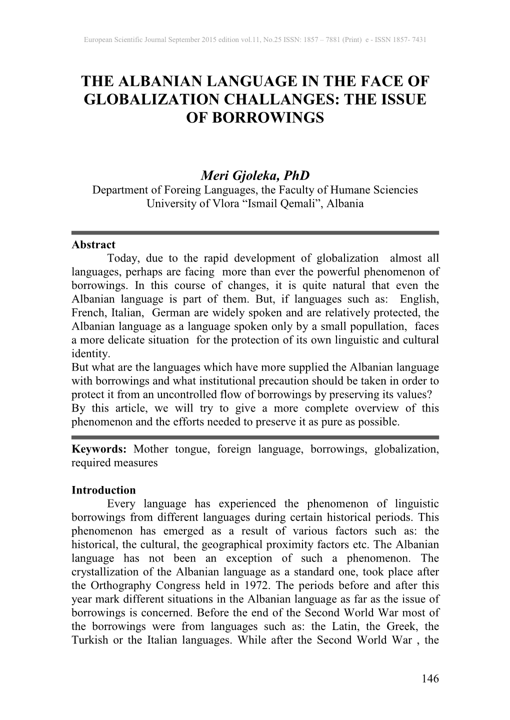 The Albanian Language in the Face of Globalization Challanges: the Issue of Borrowings