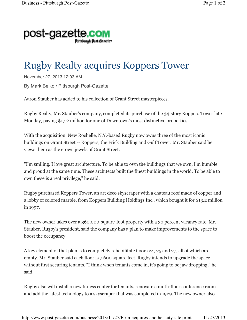 Rugby Realty Acquires Koppers Tower November 27, 2013 12:03 AM by Mark Belko / Pittsburgh Post-Gazette