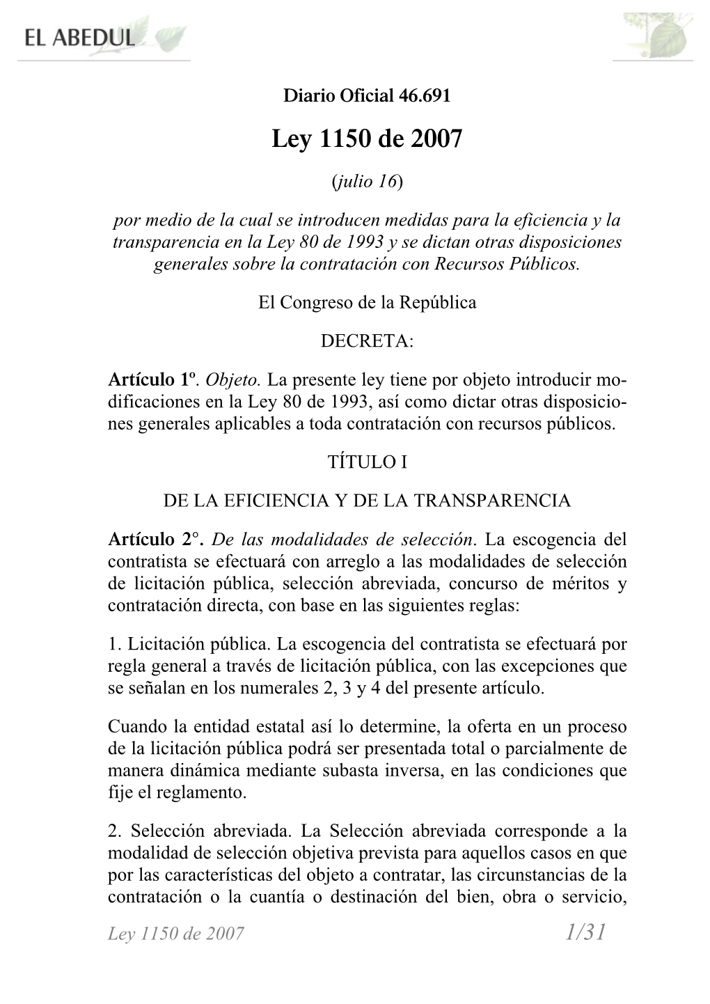 Diario Oficial 46.691 Ley 1150 De 2007