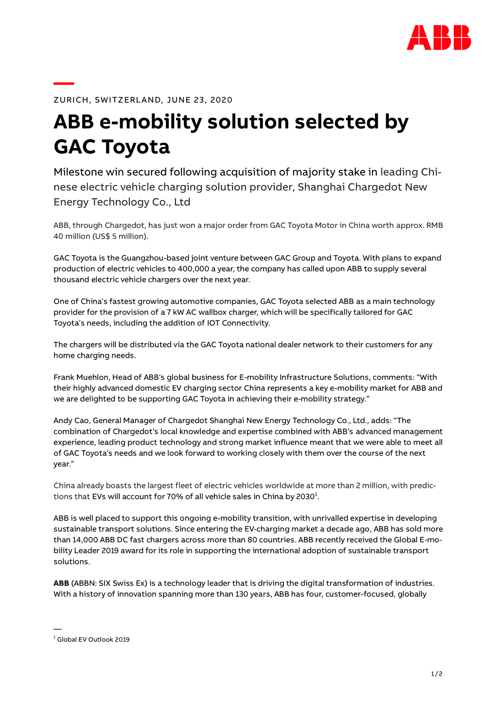 ABB E-Mobility Solution Selected by GAC Toyota