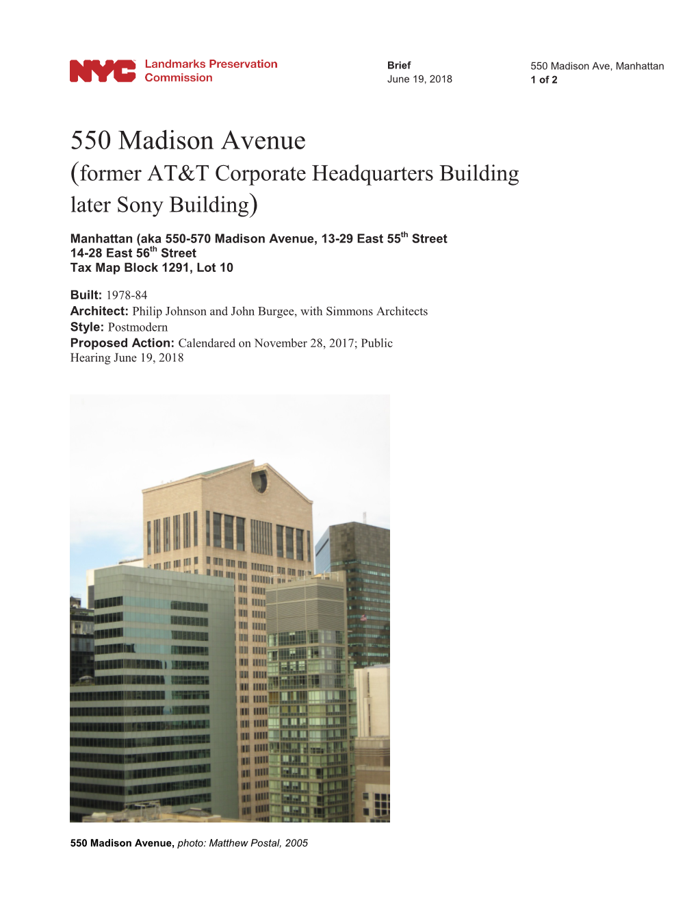 550 Madison Avenue (Former AT&T Corporate Headquarters Building Later Sony Building)