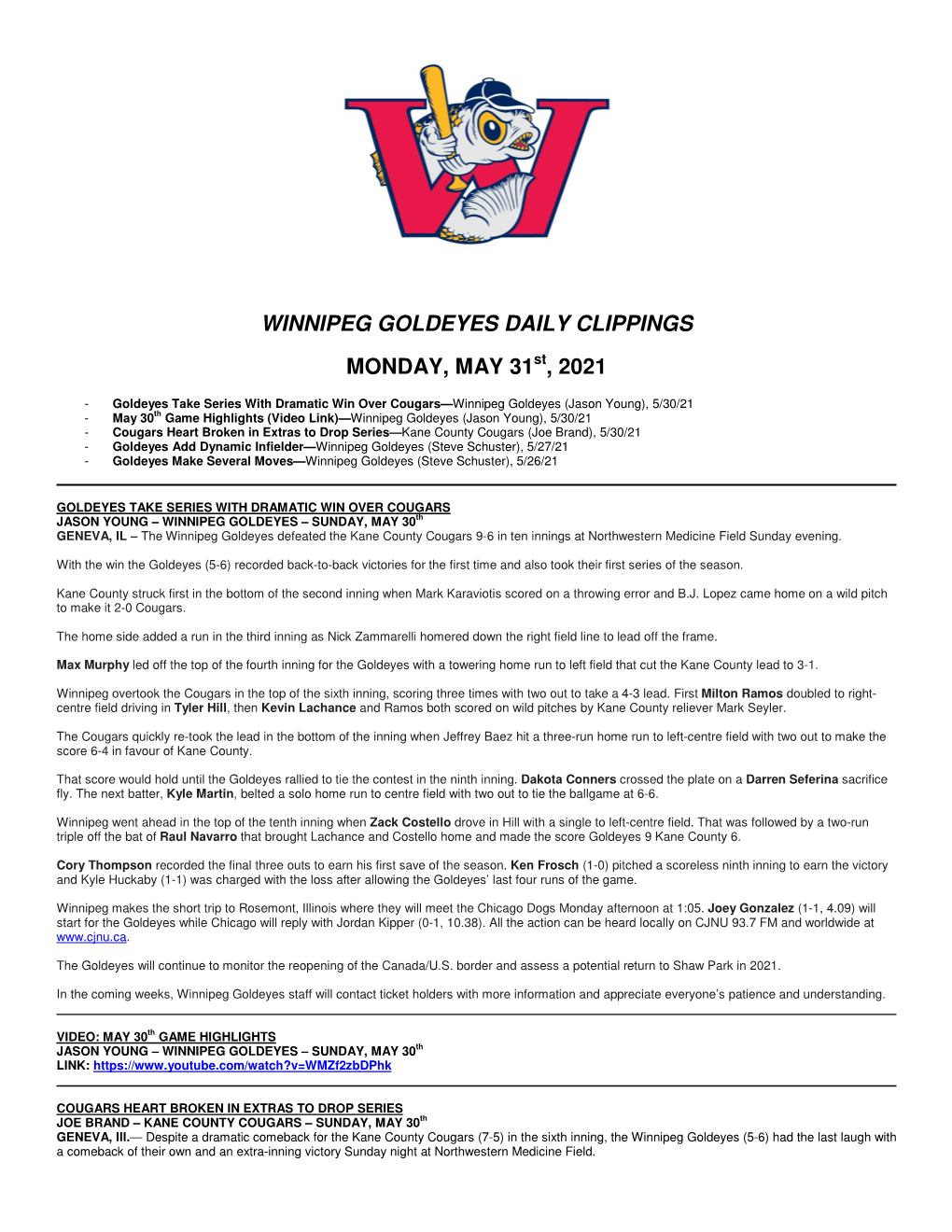 Winnipeg Goldeyes Daily Clippings Monday, May 31 , 2021