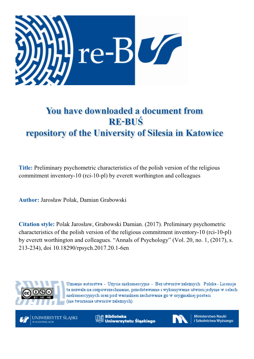 Title: Preliminary Psychometric Characteristics of the Polish Version of the Religious Commitment Inventory-10 (Rci-10-Pl) by Everett Worthington and Colleagues