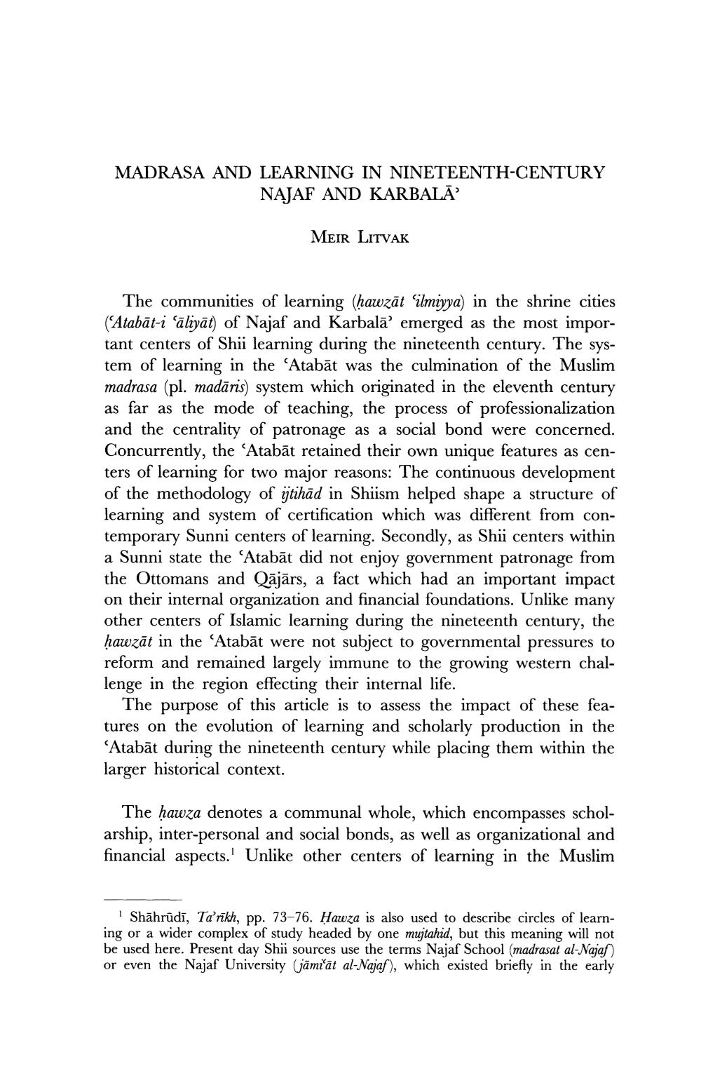 Madrasa and Learning in Nineteenth-Century Najaf and Karbala'