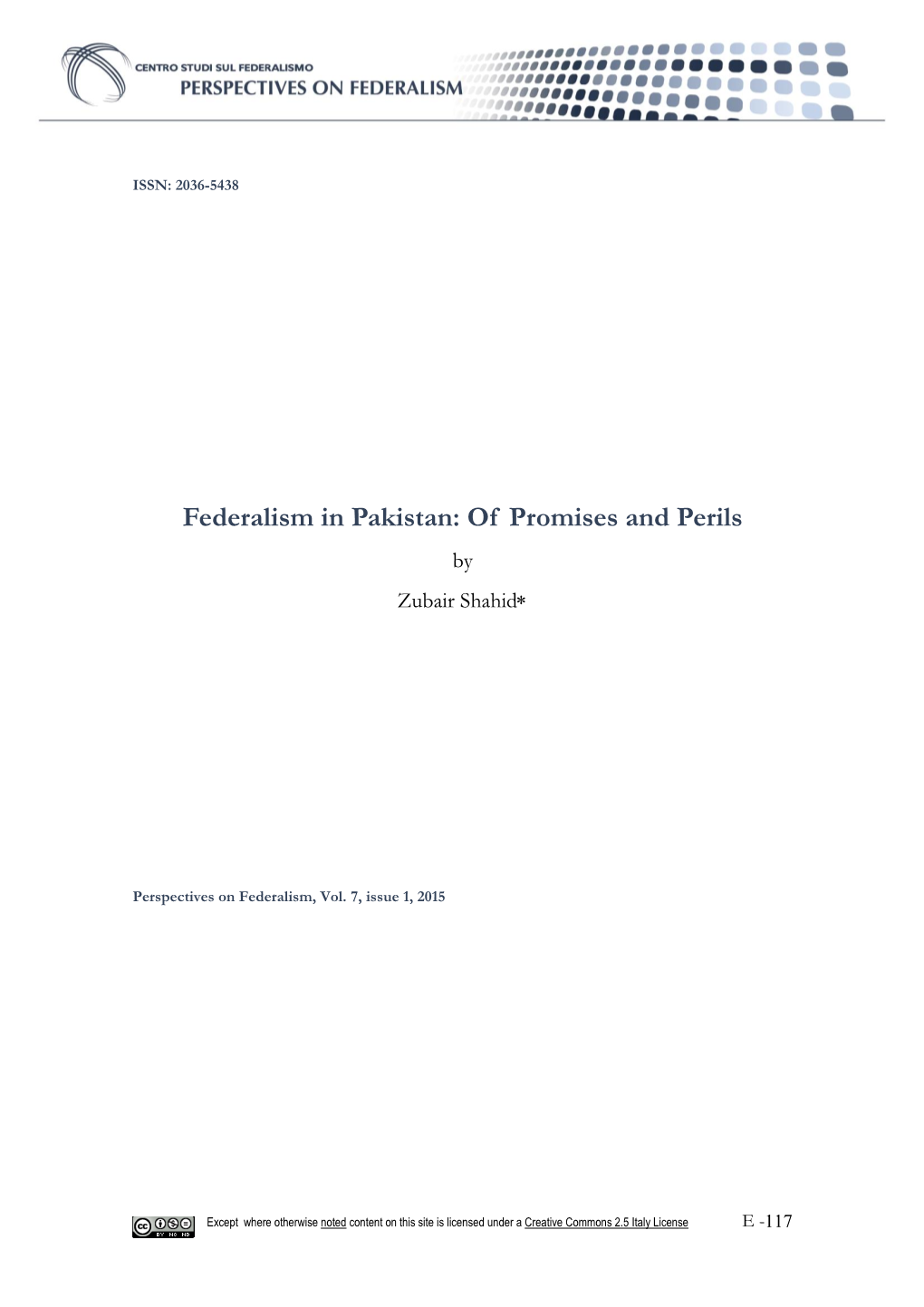 Federalism in Pakistan: of Promises and Perils by Zubair Shahid