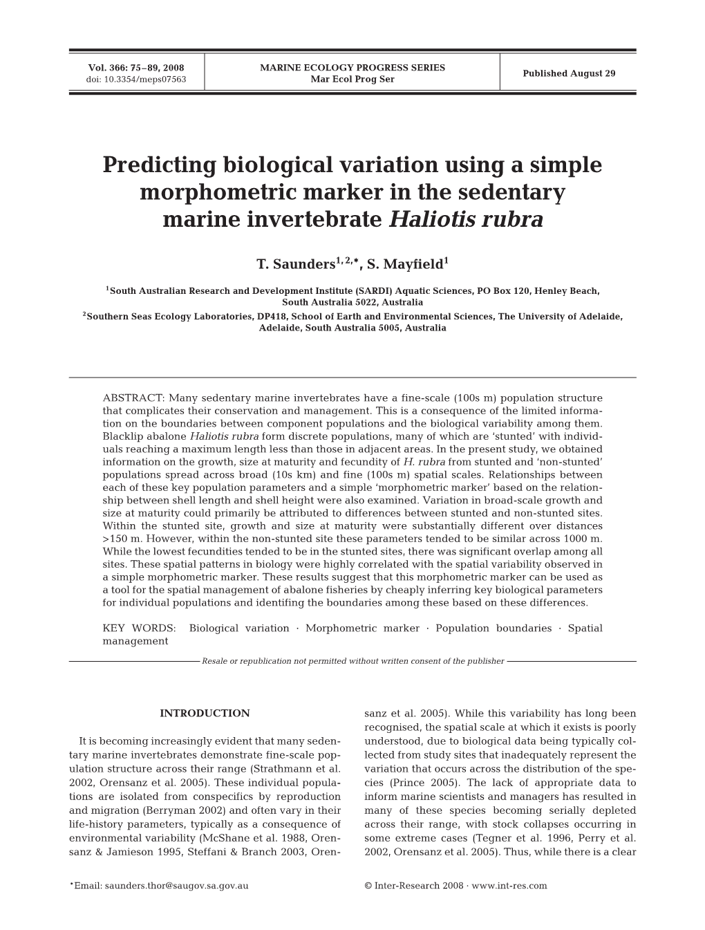 Predicting Biological Variation Using a Simple Morphometric Marker in the Sedentary Marine Invertebrate Haliotis Rubra