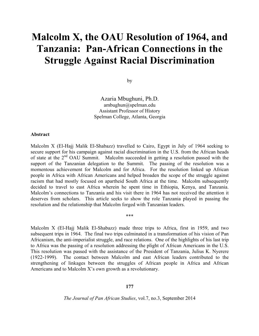 Malcolm X, the OAU Resolution of 1964, and Tanzania: Pan-African Connections in the Struggle Against Racial Discrimination