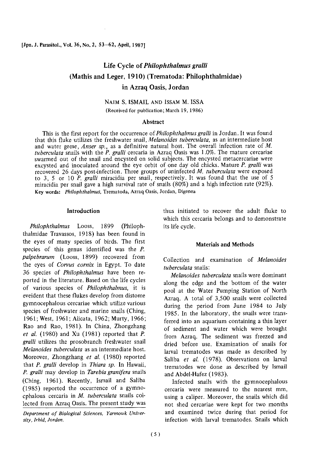 Life Cycle of Philophthalmus Gralli (Mathis and Leger, 1910) (Trematoda: Philophthalmidae) in Azraq Oasis, Jordan