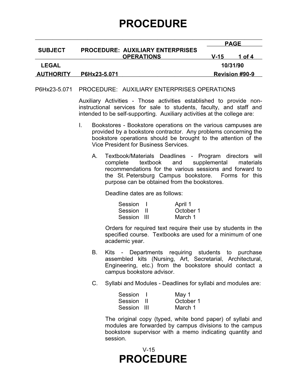 Subject Procedure: Auxiliary Enterprises