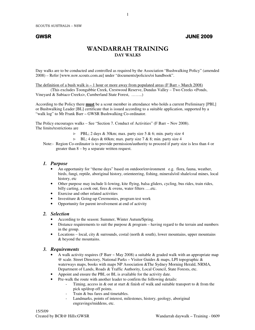 Wandarrah Daywalk Training Notes