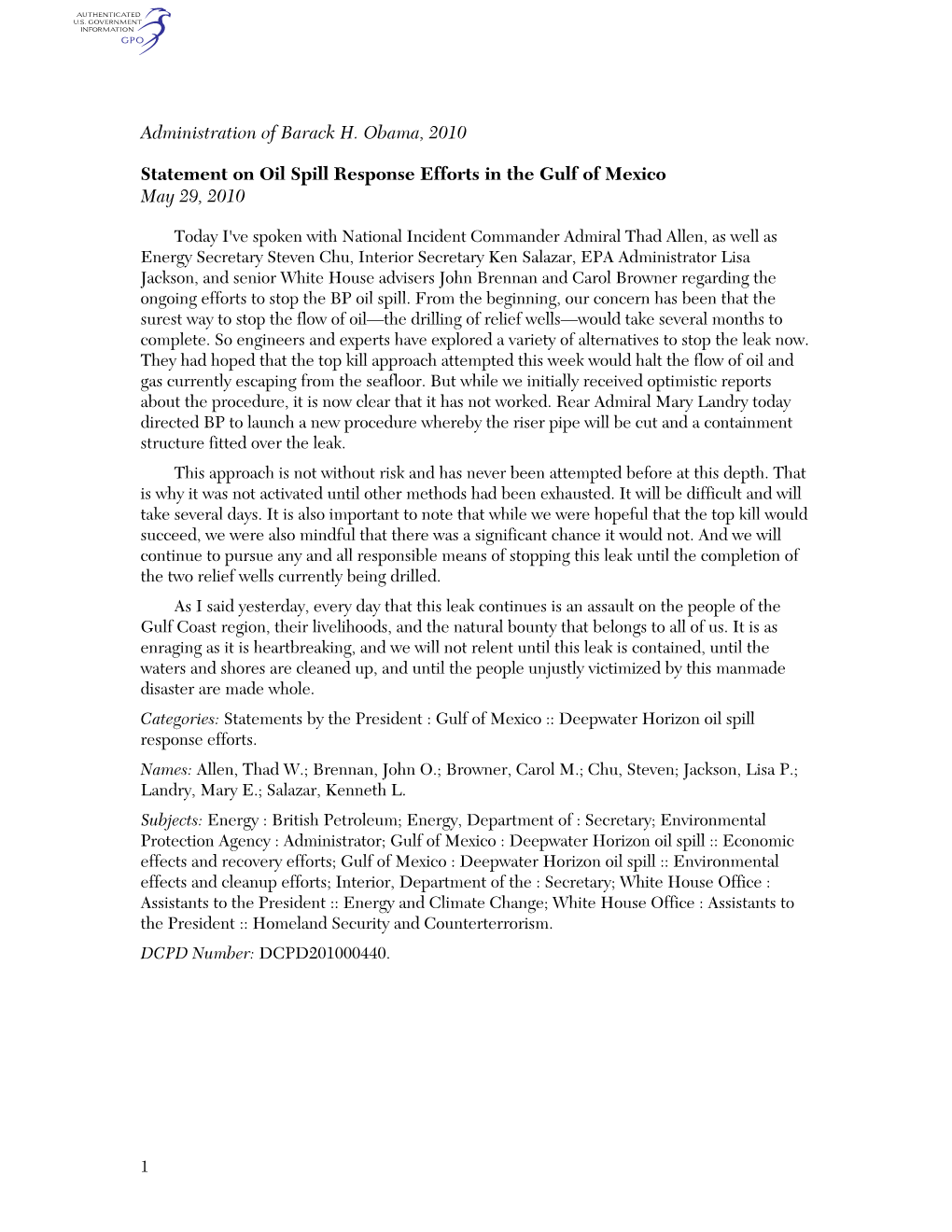 Administration of Barack H. Obama, 2010 Statement on Oil Spill Response Efforts in the Gulf of Mexico May 29, 2010