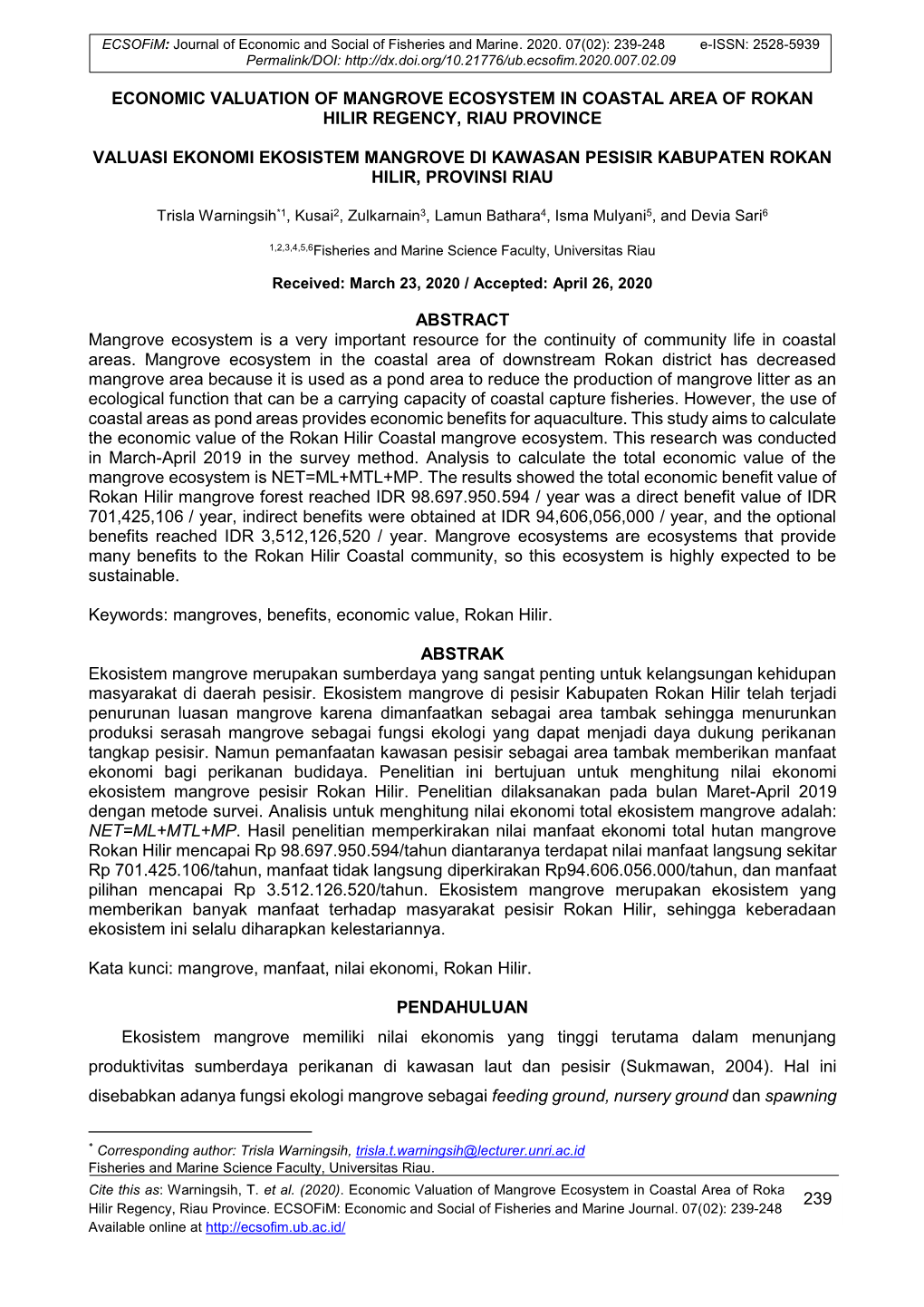 239 Economic Valuation of Mangrove Ecosystem In