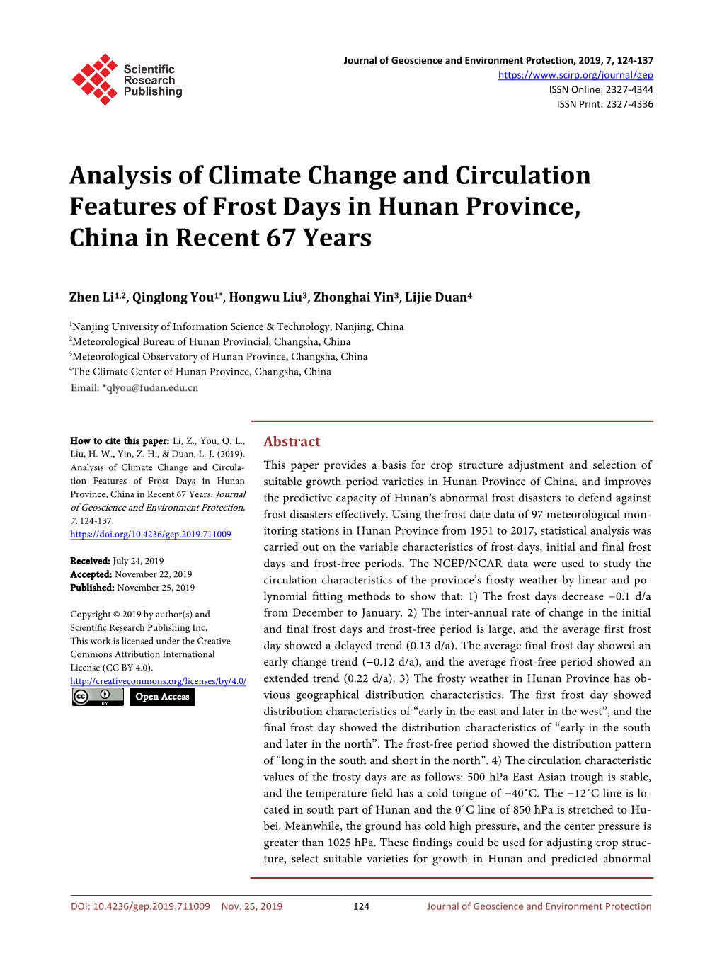 Analysis of Climate Change and Circulation Features of Frost Days in Hunan Province, China in Recent 67 Years