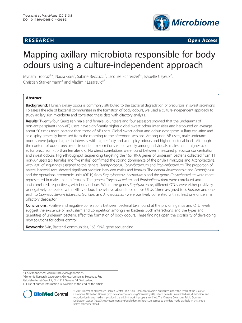 Mapping Axillary Microbiota Responsible for Body Odours Using A