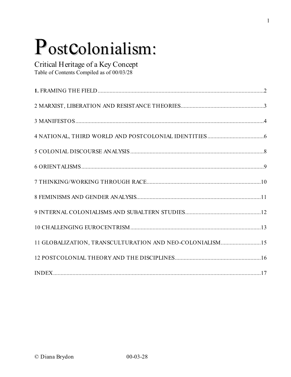 Postcolonialism Table of Contents