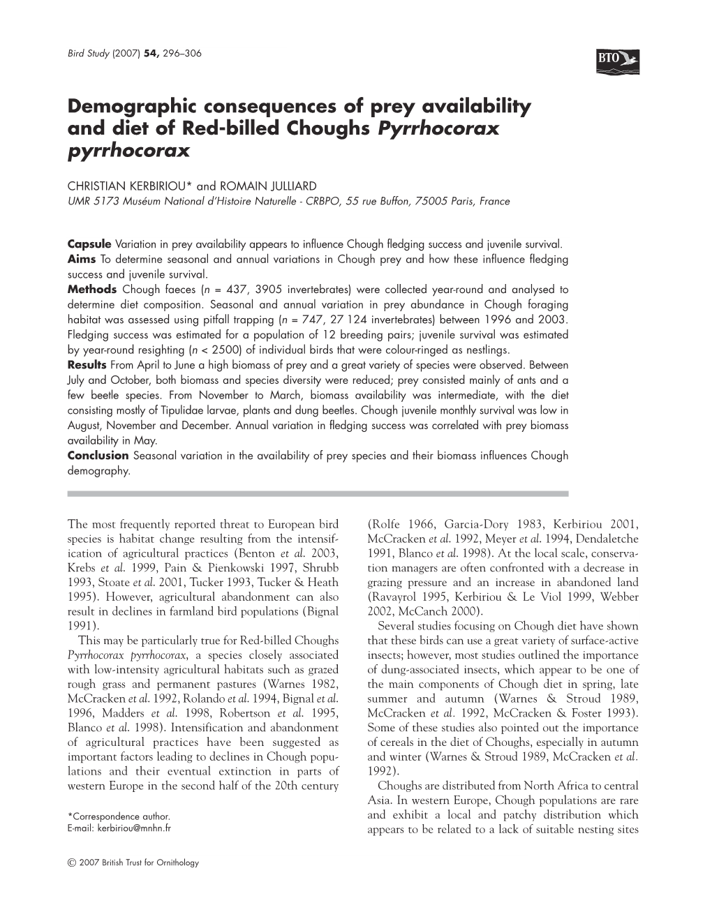 Demographic Consequences of Prey Availability and Diet of Red-Billed Choughs Pyrrhocorax Pyrrhocorax