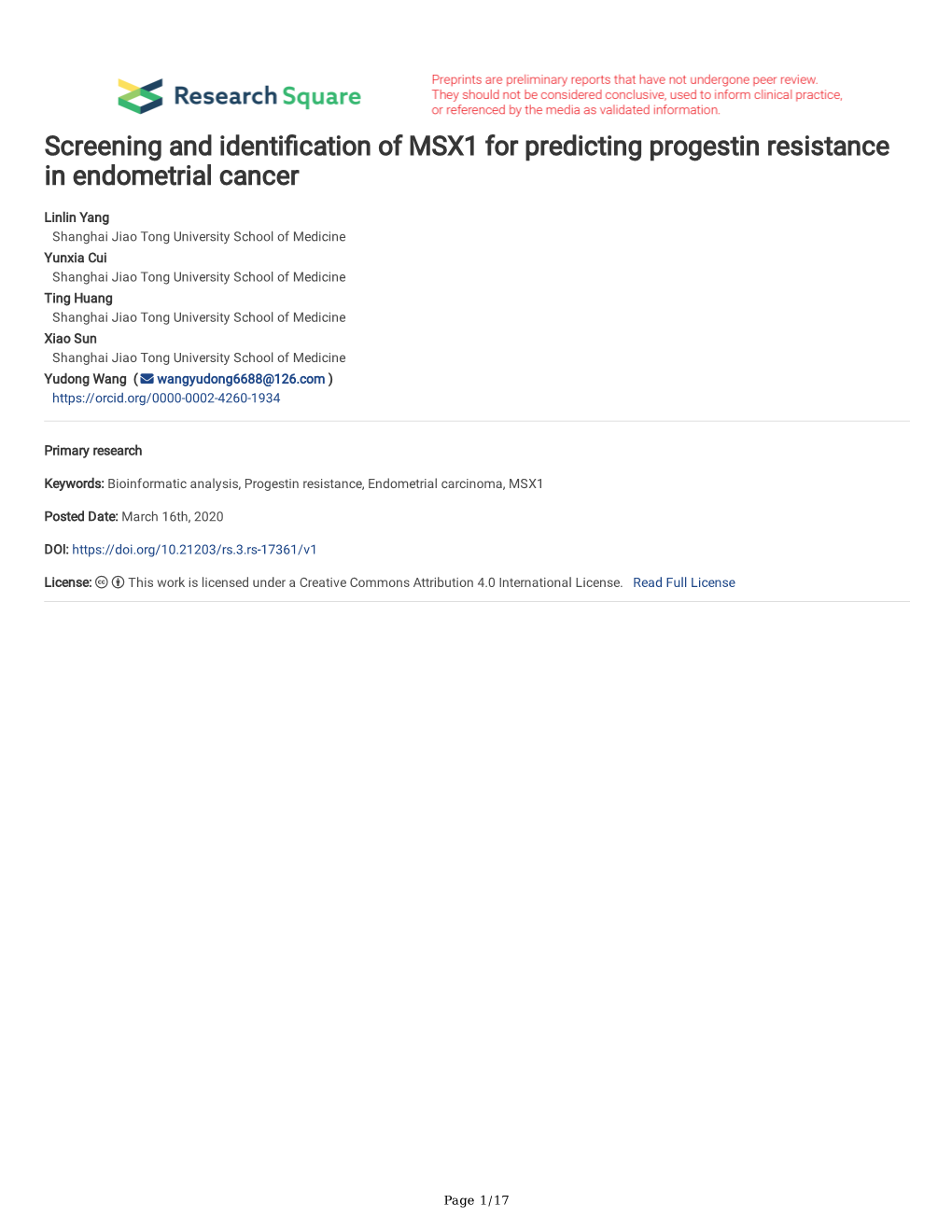 Screening and Identification of MSX1 for Predicting Progestin Resistance